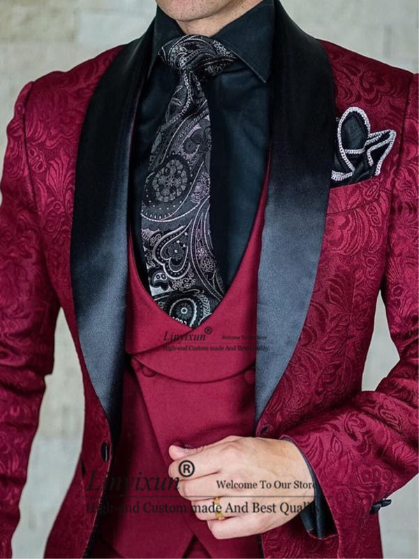 2020 Tailor-Made Burgundy Wedding Men Suits Slim Fit Tuxedo 3 Pieces Suits Groom Prom Jacquard Blazer Terno Masculino Suits