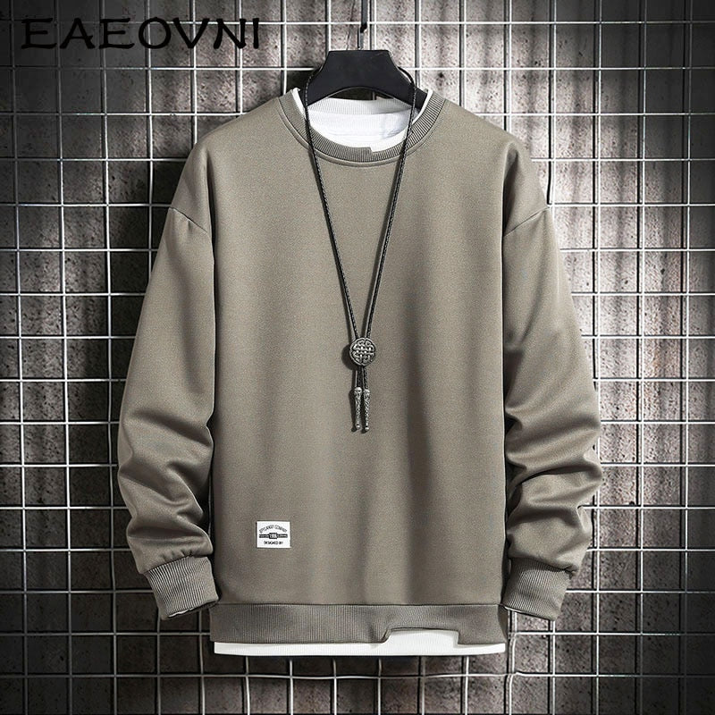 EAEOVNI 2021 New Mens Casual Sweatshirts Hoodie Men Fake Two Pieces Multi Color O-Neck Fashion Harajuku Style Male Sweatshirt