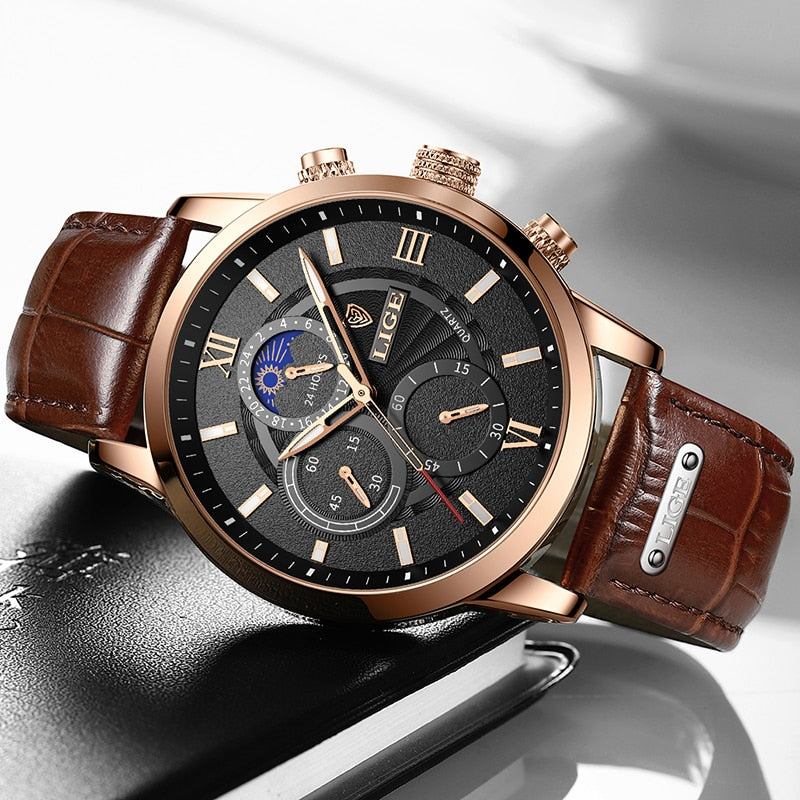 2022 New Mens Watches LIGE Top Brand Luxury Leather Casual Quartz Watch Men&