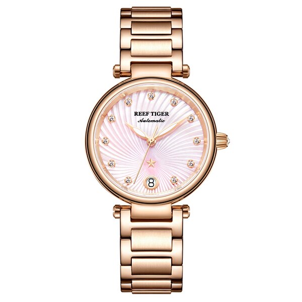 Reef Tiger/RT Top Brand Luxury Automatic Mechanical Women Watch Rose Gold Case Diamond Dial Bracelet Ladies Watches Date Clock