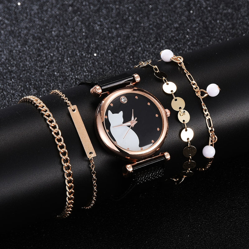 Fashion Watch Set Women 5pcs Quartz Wristwatch Mesh Bracelet Cat Dial Luxury Woman Watch Casual Ladies Clock Relogio Femenino