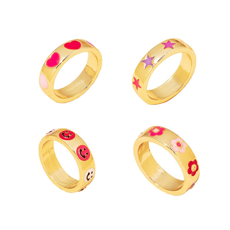 Korean Charms Smiley Heart Flower Rings for Women Metal Star Butterfly Harajuku Vintage Letter Rings Y2k Jewelry 90s Aesthetic