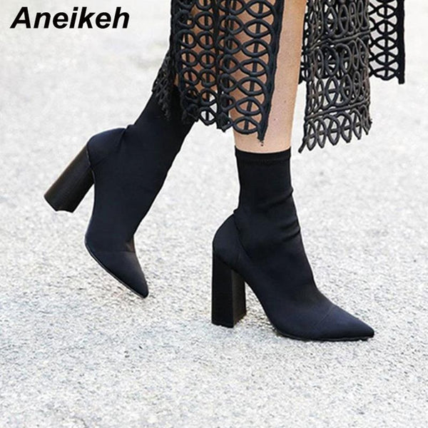 Aneikeh Slim Stretch Ankle Boots for Women Pointed Toe Sock Boots Square High Heel Boots Shoes Woman Fashion Bota Feminina 41