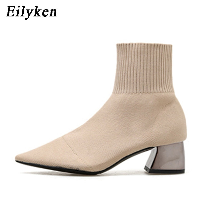 EilyKen 2022 Autumn Winter Knitted Stretch Fabric Socks Women Boots Low Heel Short Boots Gray Pointed Toe Female Ankle Booties