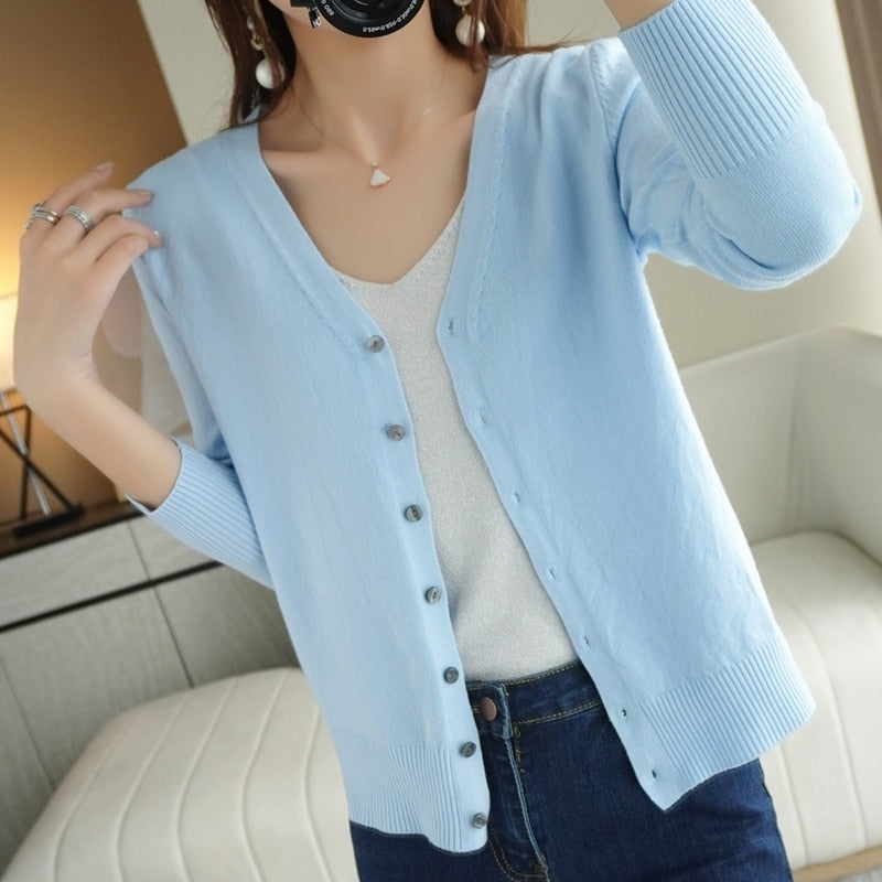 Spring Autumn New V-Neck Knitted Cardigan Women's Loose Large Size Thin Sweater All-Match Jacket Pure Color Basic Small Cardigan