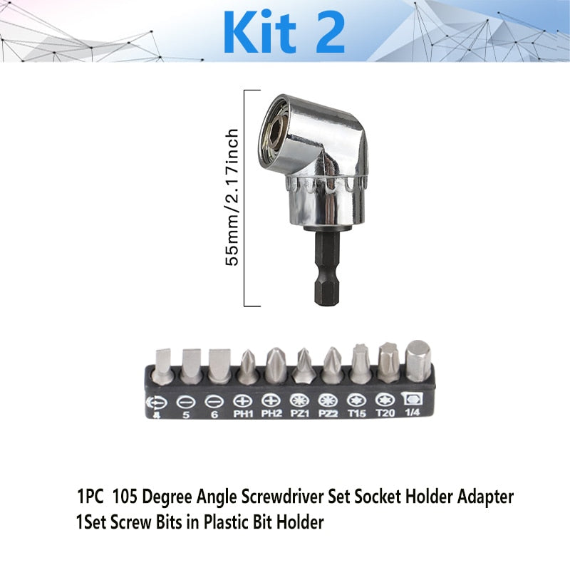 Adjustable 105 Degree Right Angle Driver Screwdriver  Tools Set 1/4 Hex Shank For Power Drill Screwdriver Bits Tools