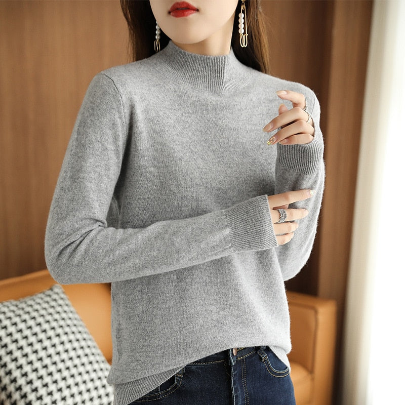 21 Autumn Winter New Half Turtleneck Sweater Women's Large Size Loose Basic Pure Color Wild Knitted Bottoming Shirt Soft Stretch