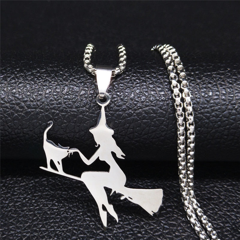 Witch Broom Cat Stainless Steel Necklace Women Witchcraft Silver Color Witches&