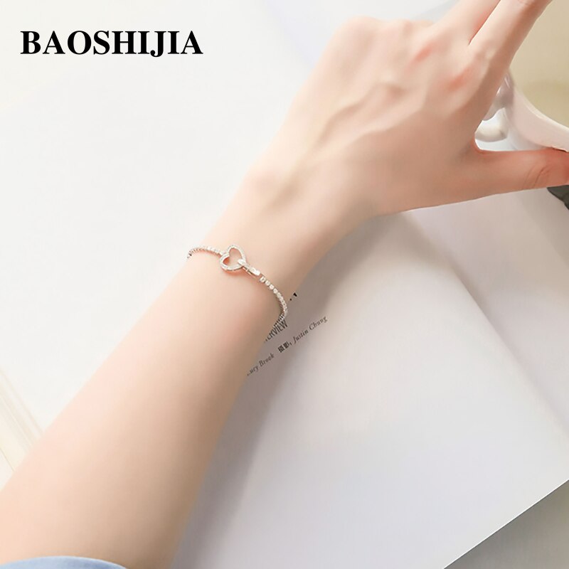 BAOSHIJIA Fashion Solid 18k White Gold Heart/Square/Round Diamonds Bracelet Luxurious Fine Jewelry Polish Shank Brilliant