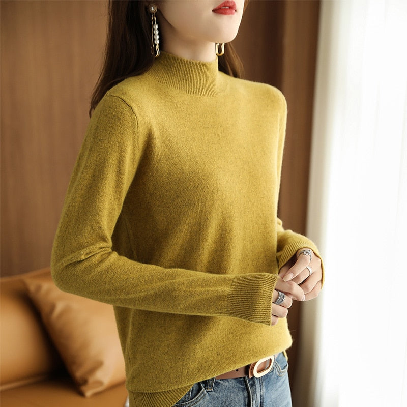 21 Autumn Winter New Half Turtleneck Sweater Women's Large Size Loose Basic Pure Color Wild Knitted Bottoming Shirt Soft Stretch