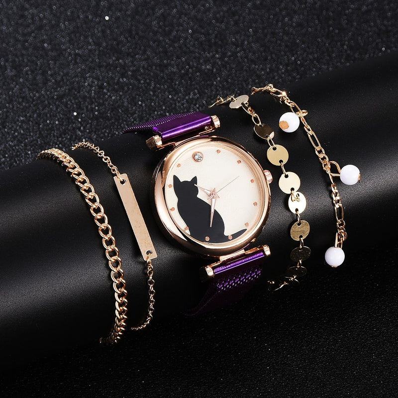 Fashion Watch Set Women 5pcs Quartz Wristwatch Mesh Bracelet Cat Dial Luxury Woman Watch Casual Ladies Clock Relogio Femenino