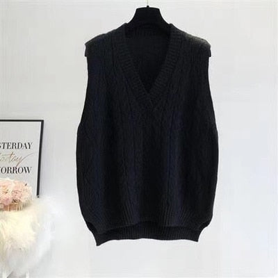 Autumn Women's Sweater Vest V-neck Sleeveless Irregular Casual Loose Knitted Pullover Tops Female Outerwear