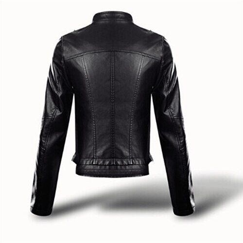 11.11 Women Faux Leather Jacket Slim Outerwea Black Long Sleeve Zipper Turn-down Collar Short Coat Slim- Fit Top Christmas Gift