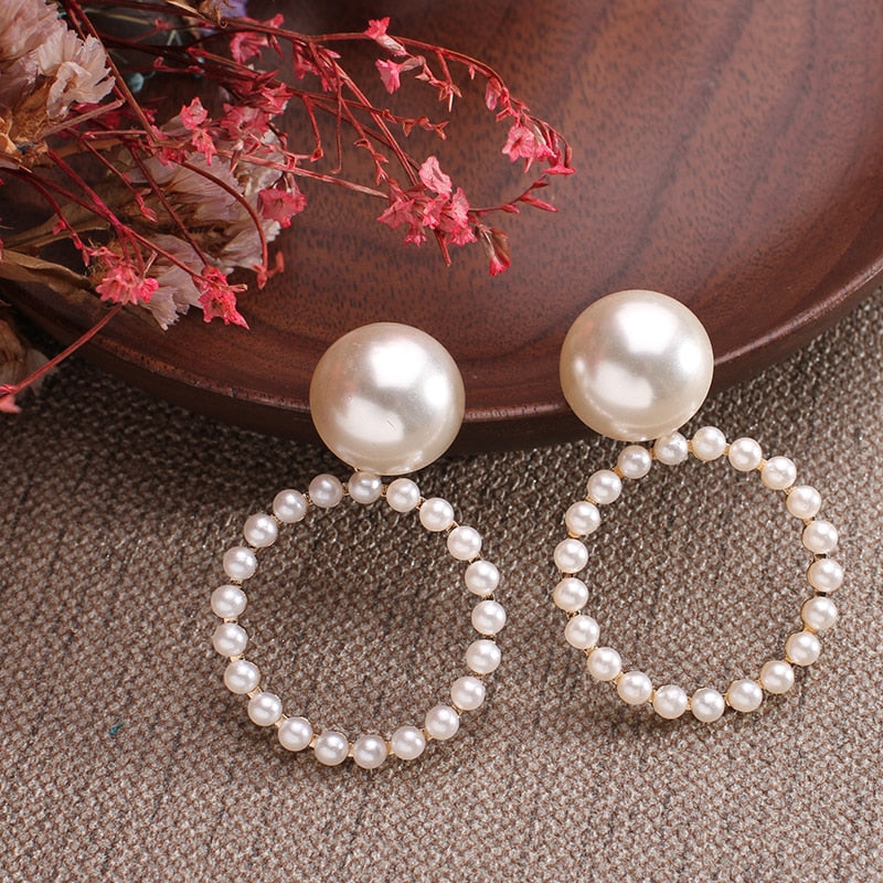 New white boho imitation pearl round circle hoop earrings female gold color big earrings korean jewelry statement earrings