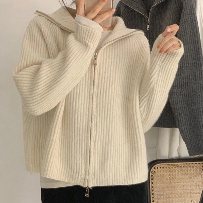 Sweater Cardigan Women Spring New Solid Vintage All-match Elegant Zipper Loose Daily Soft Sweet Simple Casual Knitwear Chic Teen