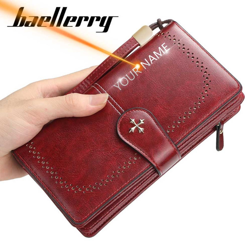 2022 Large Women Wallets Name Engraving Hollow Out Long Wallet Fashion Top Quality PU Leather Card Holder Wallet For Women