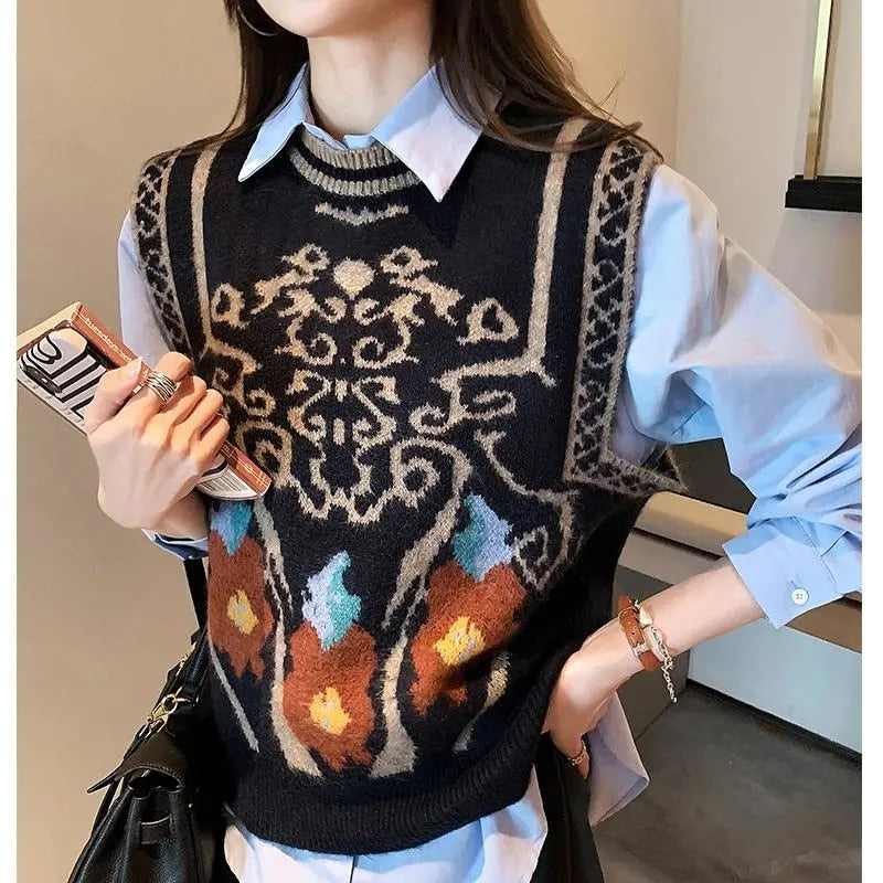 Large Size 3xl Flower Pattern Knitted Vests Women New Vintage Sleeveless Sweaters Casual Chic Loose O-neck Pullover Waistcoats