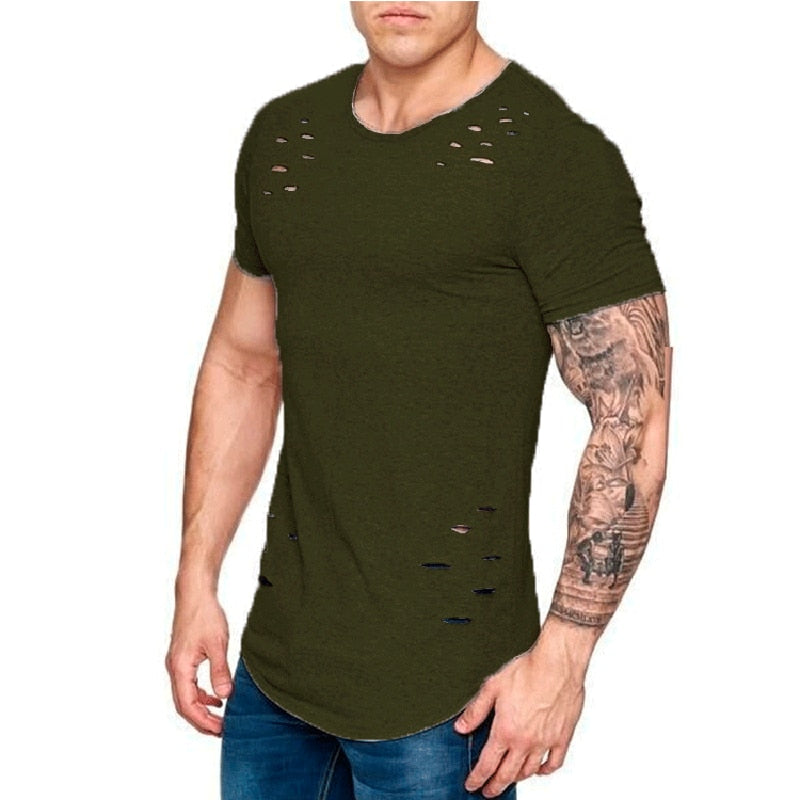 IceLion 2021 New Spring Short T Shirt Men Fashion Hole Design Fitness T-shirt Summer Short Sleeve Solid Slim Fit Hip Hop Tshirt