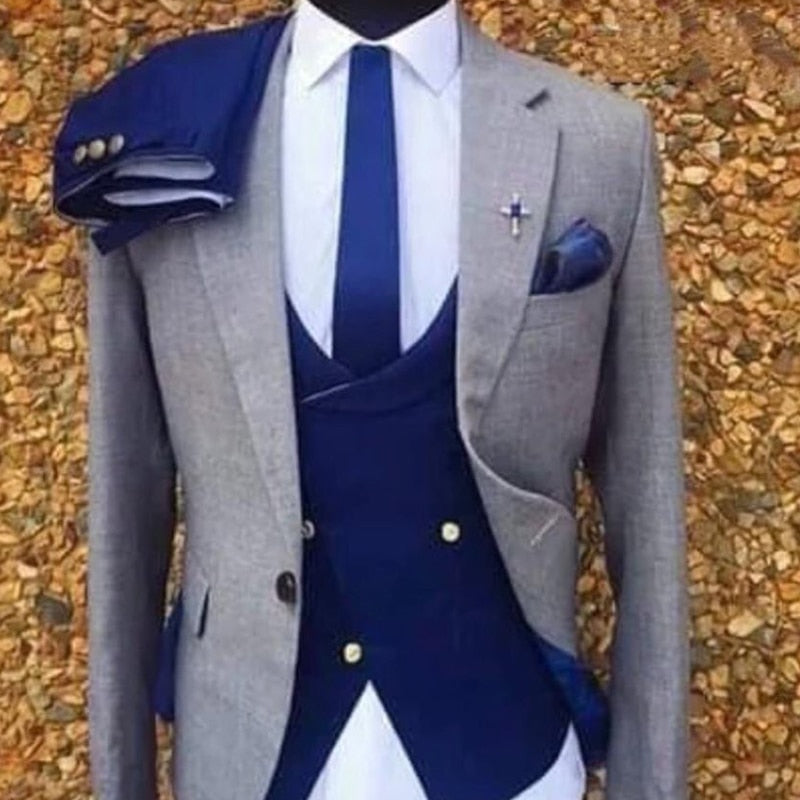 3 Piece Gray Wedding Tuxedo for Men Formal Suits Set Jacket Double Breasted Waistcoat with Royal Blue Pants Male Fashion Costume