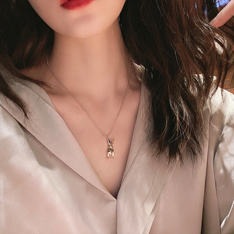 YUN RUO Trendy Mobile Rabbit Pendant Necklace Yellow Gold Color 316L Titanium Steel Jewelry Woman Gift Never Fade Hypoallergenic