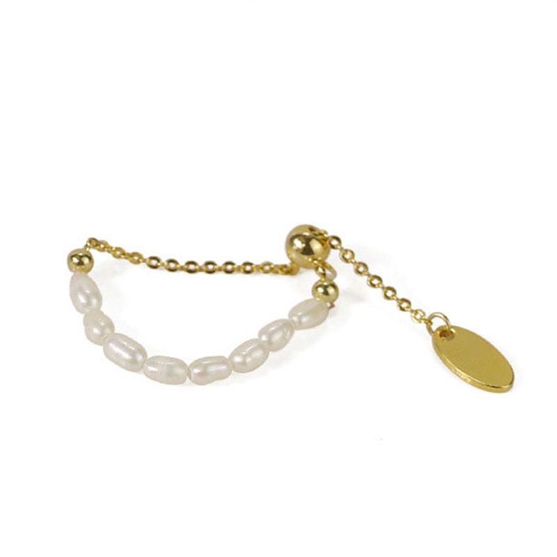 French Simple Retro Pearl Chain Pull Adjustment Gold Color Rings Girl&