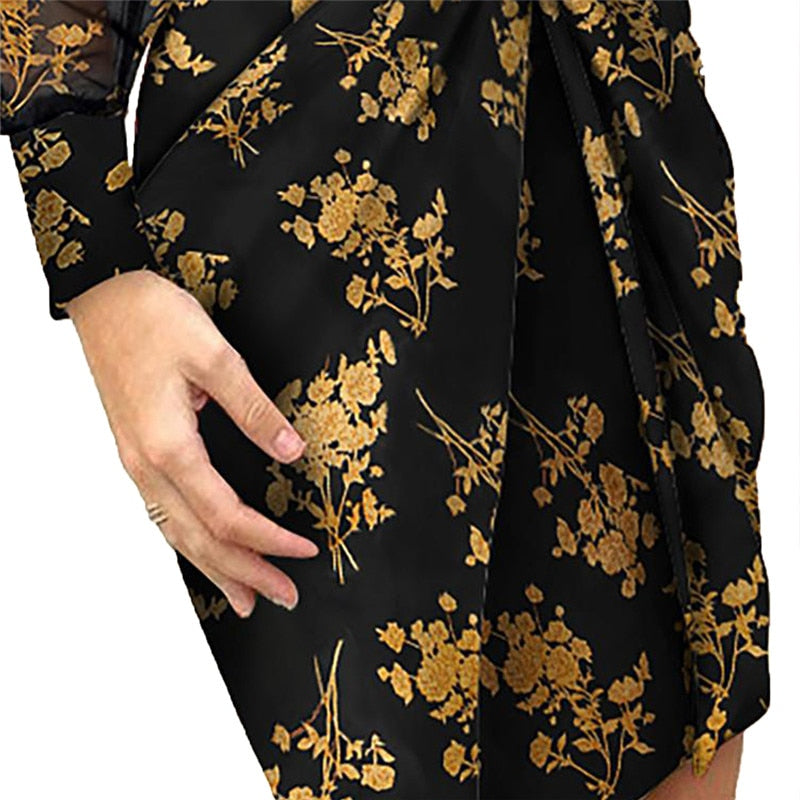 Women Plus Size Dress Mesh Sleeve Fashion V-Neck Bodycon Dress Ruffles Pleated Elegant Long Sleeve Evening Party Dress Vestidos