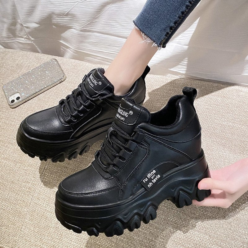 Women Leather Platform Sneakers Spring Trainers White Shoes 9CM High Heels Wedge Outdoor Sport Shoes Breathable Casual Shoes New