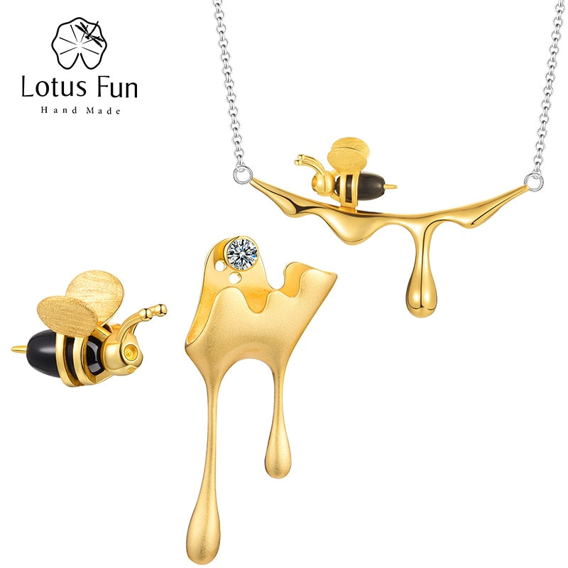 Lotus Fun 18K Gold Bee and Dripping Honey Pendant Necklace Real 925 Sterling Silver Handmade Designer Fine Jewelry for Women