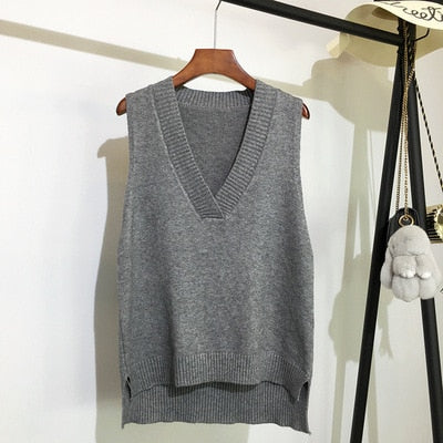 Autumn Women's Sweater Vest V-neck Sleeveless Irregular Casual Loose Knitted Pullover Tops Female Outerwear