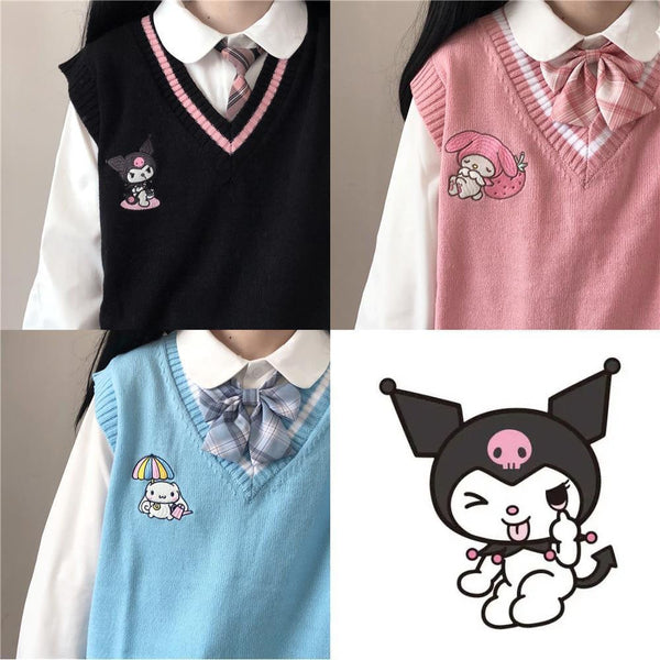 Kawaii Kuromi Cinnamoroll My Melody Sanrioes Wool Sweater V-Neck Waistcoat Vest Cute Women&#39;s Clothing Spring and Autumn New