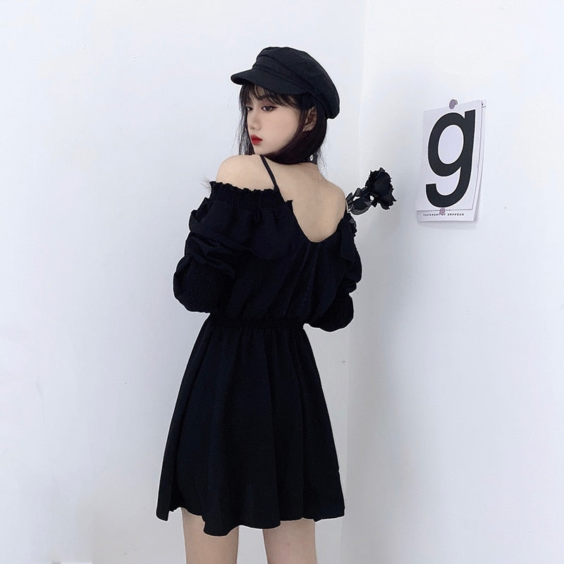 Women Dress M-4XL Lace Up Black Autumn 2022 Sexy High Waist Femme Dresses Off Shoulder Long Sleeve Gothic Clothes