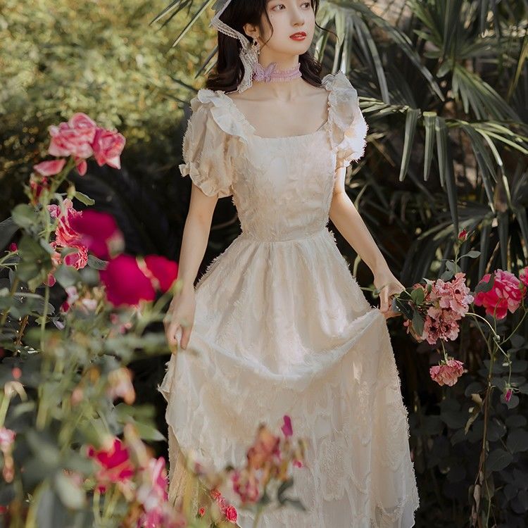 Vintage Dress Women Elegant Puff Sleeve Chiffon Fairy Dress Summer Embroidery Floral Elegant French Style Summer Dress 2020