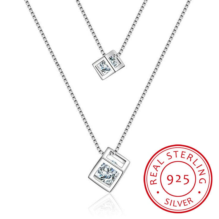 925 Sterling Silver Square Cube Zirconia Choker Statement Necklace For Women Double Layer Pendants &amp; Necklaces S-n209