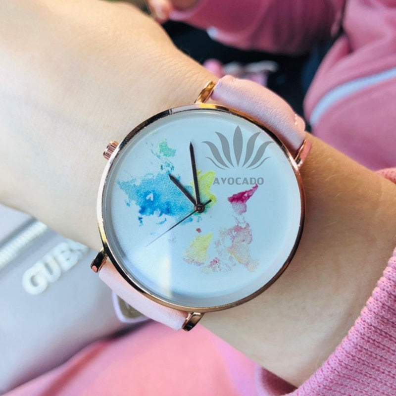 Fashion Elegant Romantic Women Watches World Map Travel Leather Watchband Ladies Quartz Wristwatches Gifts For Girls