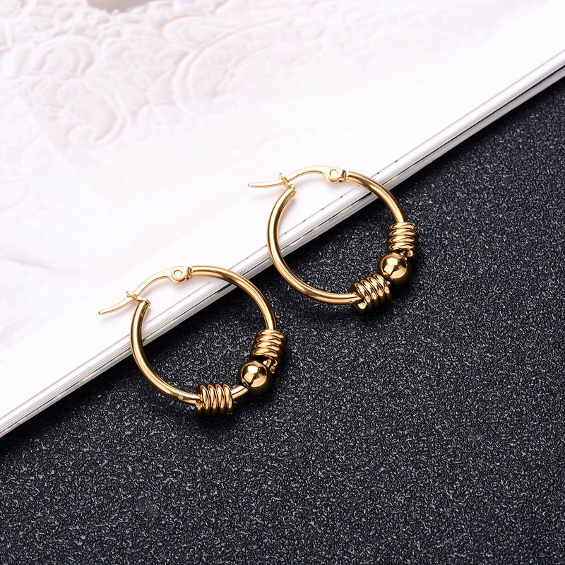 2Pc Stainless Steel Exaggerated Round Bead Hoop Earring Women Men Smooth Design Vintage Double Rings Earring Personality Jewelry