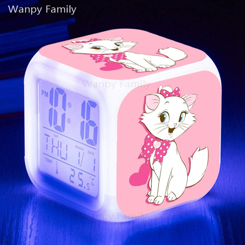 Cute Marie Cat Alarm Clock 7 Color Glowing LED Digital Clock Kids Room Touch Sensing Small Night Lamp Desk Clock Gift For Child