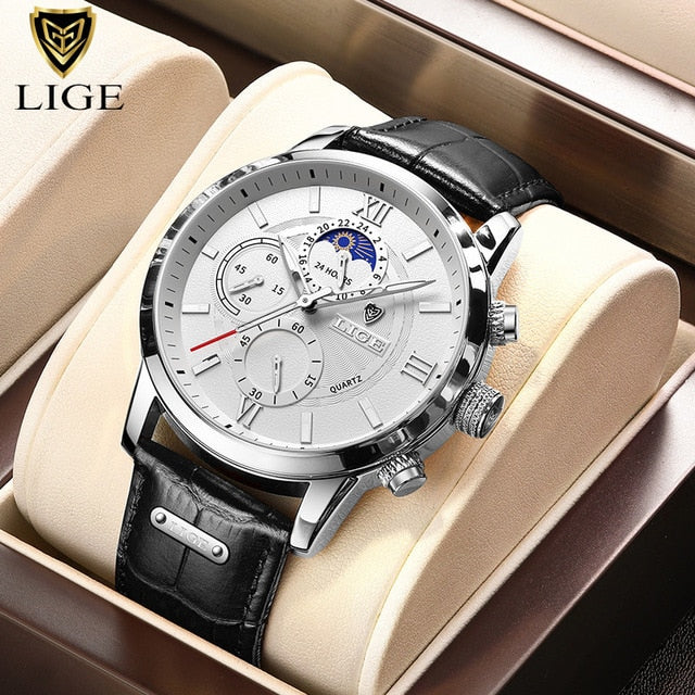 2022 New Mens Watches LIGE Top Brand Luxury Leather Casual Quartz Watch Men&