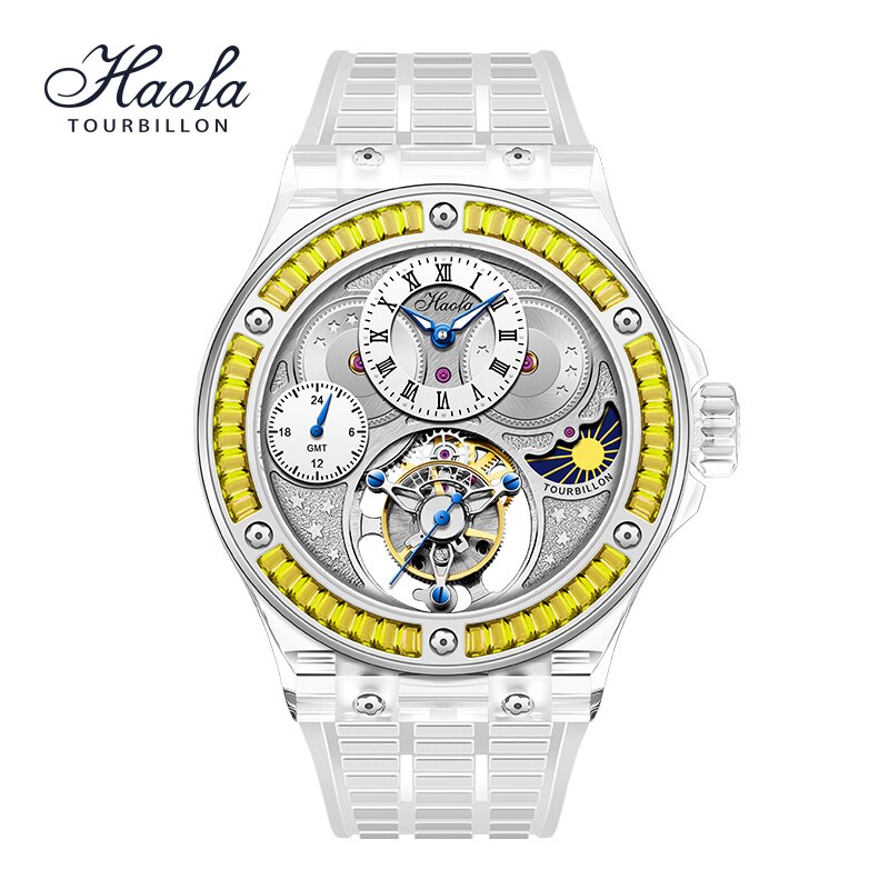 Haofa GMT Tourbillon Movement Watch Men K9 Crystal Sapphire Mechanical Manual Flying Tourbillon Wristwatches Luxury Waterproof