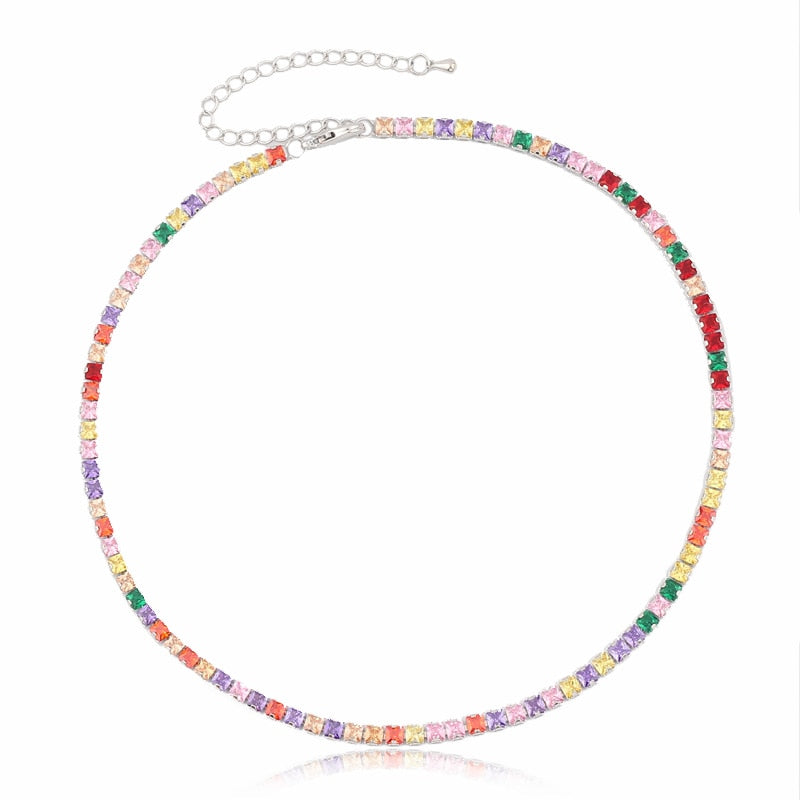 Hot Selling Tennis Chain Rainbow Necklaces Gold filled Fashion Colorful Rainbow CZ Chocker Necklace For Women Femme Jewelry New