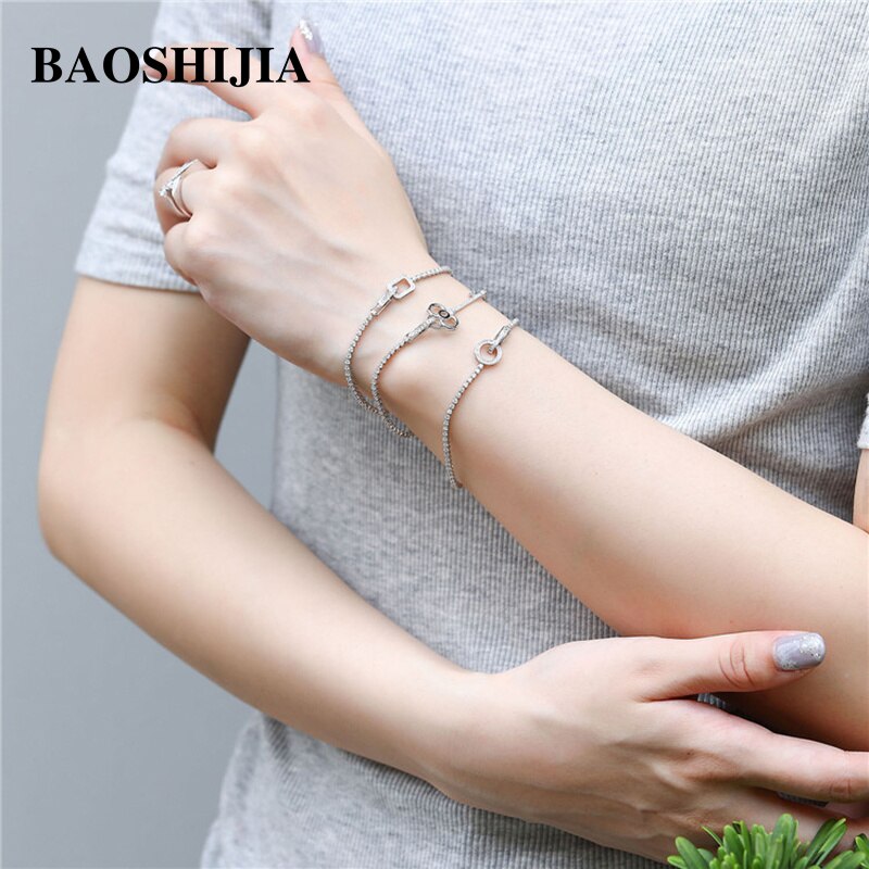 BAOSHIJIA Fashion Solid 18k White Gold Heart/Square/Round Diamonds Bracelet Luxurious Fine Jewelry Polish Shank Brilliant