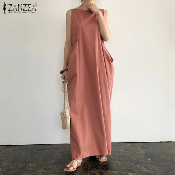 Elegant Solid Maxi Dress Women's Summer Sundress ZANZEA 2022 Casual Sleeveless sarafans Vestidos Female Cotton Robe