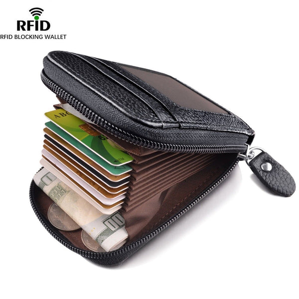 Men&#39;s Wallet Genuine Leather Credit Card Holder RFID Blocking Zipper Pocket Men Bag