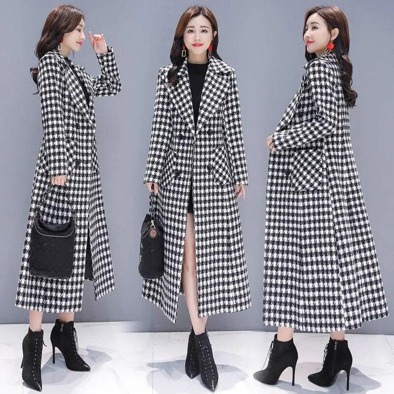 2022 New Plaid Woolen Coat Women Jacket Coat Mid-length Long Coat Temperament Houndstooth Woolen Coat Slim Fit Overcoat Outerwea