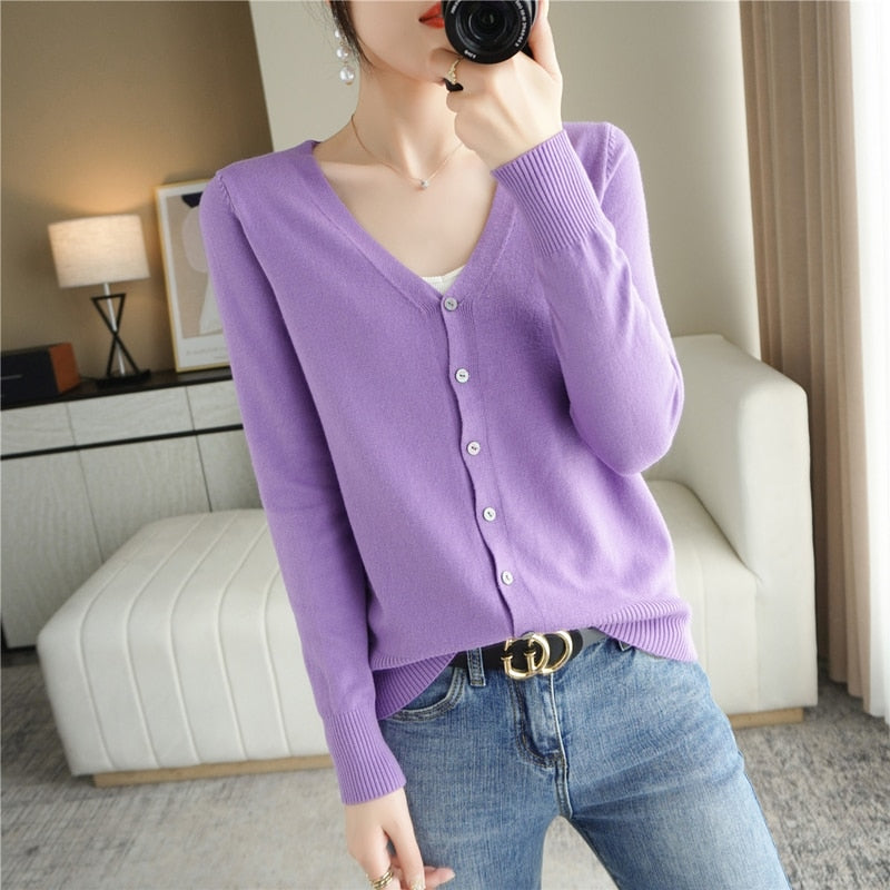 Spring Autumn New V-Neck Knitted Cardigan Women's Loose Large Size Thin Sweater All-Match Jacket Pure Color Basic Small Cardigan