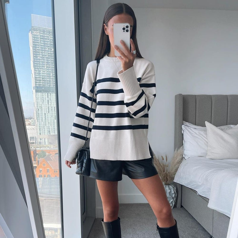 Ladies Autumn Winter Striped Knitted Loose Sweater Women Pullover Tops Long Sleeve O Neck Casual Streetwear Women Sweater Female