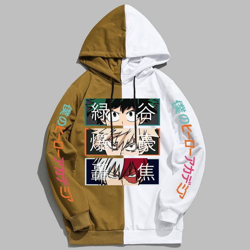 Anime My Hero Academia Hoodies Cool Shoto Todoroki Bakugou Deku Pullover Hooded Sweatshirt Patchwork Men&