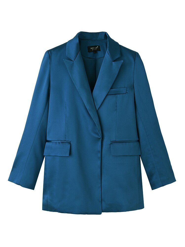 Blue Blazer for Women 2022 Spring Autumn Trendy Korean Style Luxury Satin Suit Jacket OL Work Coat Female Outerwear