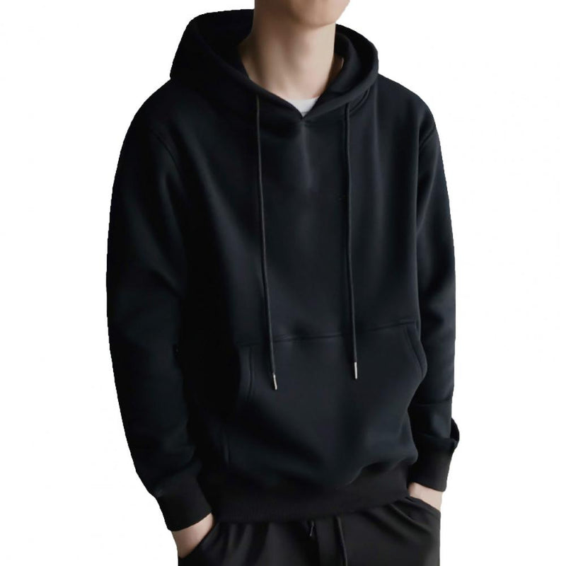 Men Hoodie Solid Color Ribbed Cuff Autumn Winter Drawstring Warm Sweatshirt for Daily Wear