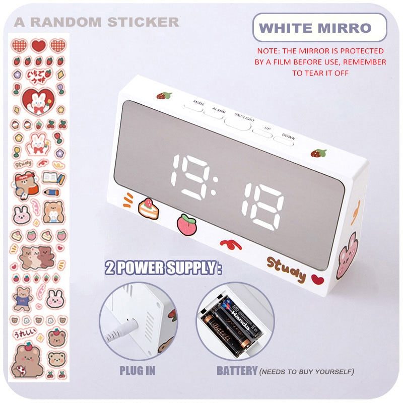 W&amp;G Ins Digital Clock Table Clock Snooze Alarm Cute Silent Mirror Clock Student Desktop LED Clock Electronic Clock for Children