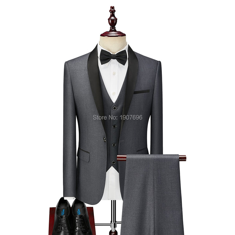 3 Piece Boyfriend Men Suits for Slim Fit Wedding Tuxedos Black Formal Groom Jacket Pants Vest Ready in Stock